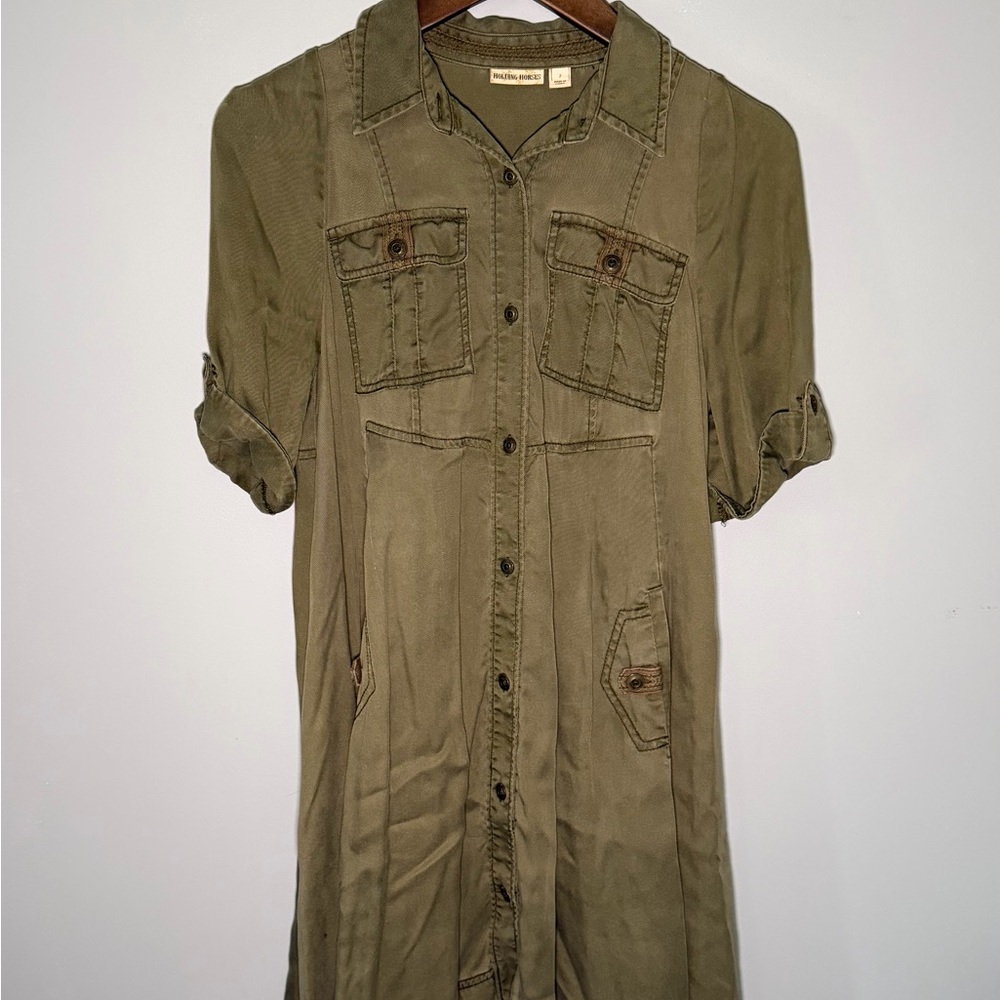 Anthropologie holding horses army green high low short sleeve swing dress